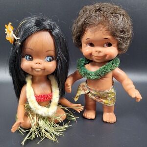 RARE 1960s Shiba Japan Vinyl Hawaiian Hula Dolls Girl & Boy Complete Tiki MCM
